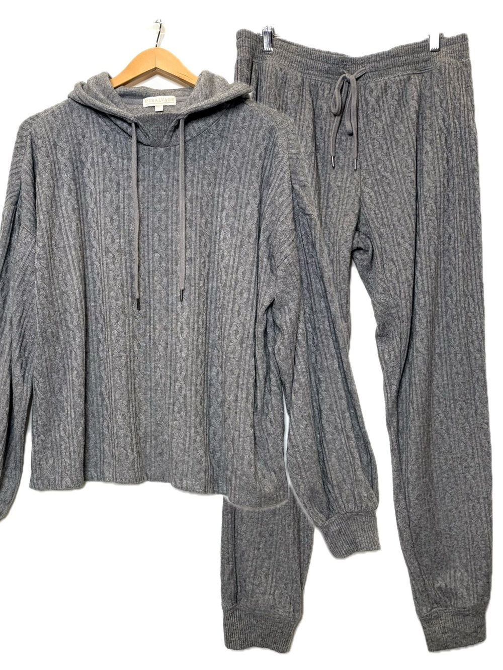 PJ Salvage Heather Grey Cable Knit Hoodie & Jogger Pant Lounge Set Size Large